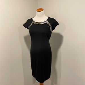 Black Carmen Marc Valvo Fitted dress with Black Silver and Gold Chevron pattern